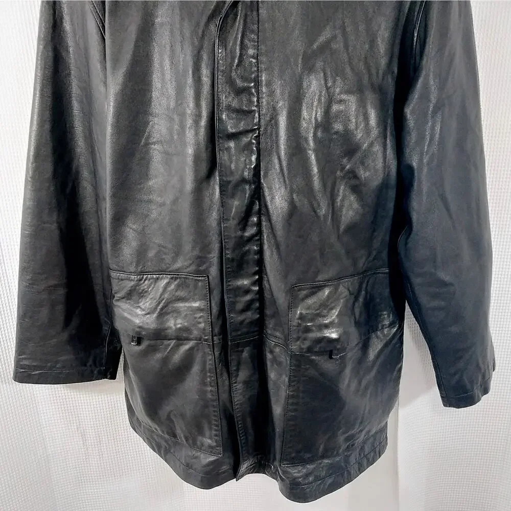 KENNETH COLE REACTION! BLACK GENUINE LAMB LEATHER STADIUM LENGTH COAT! SZ M